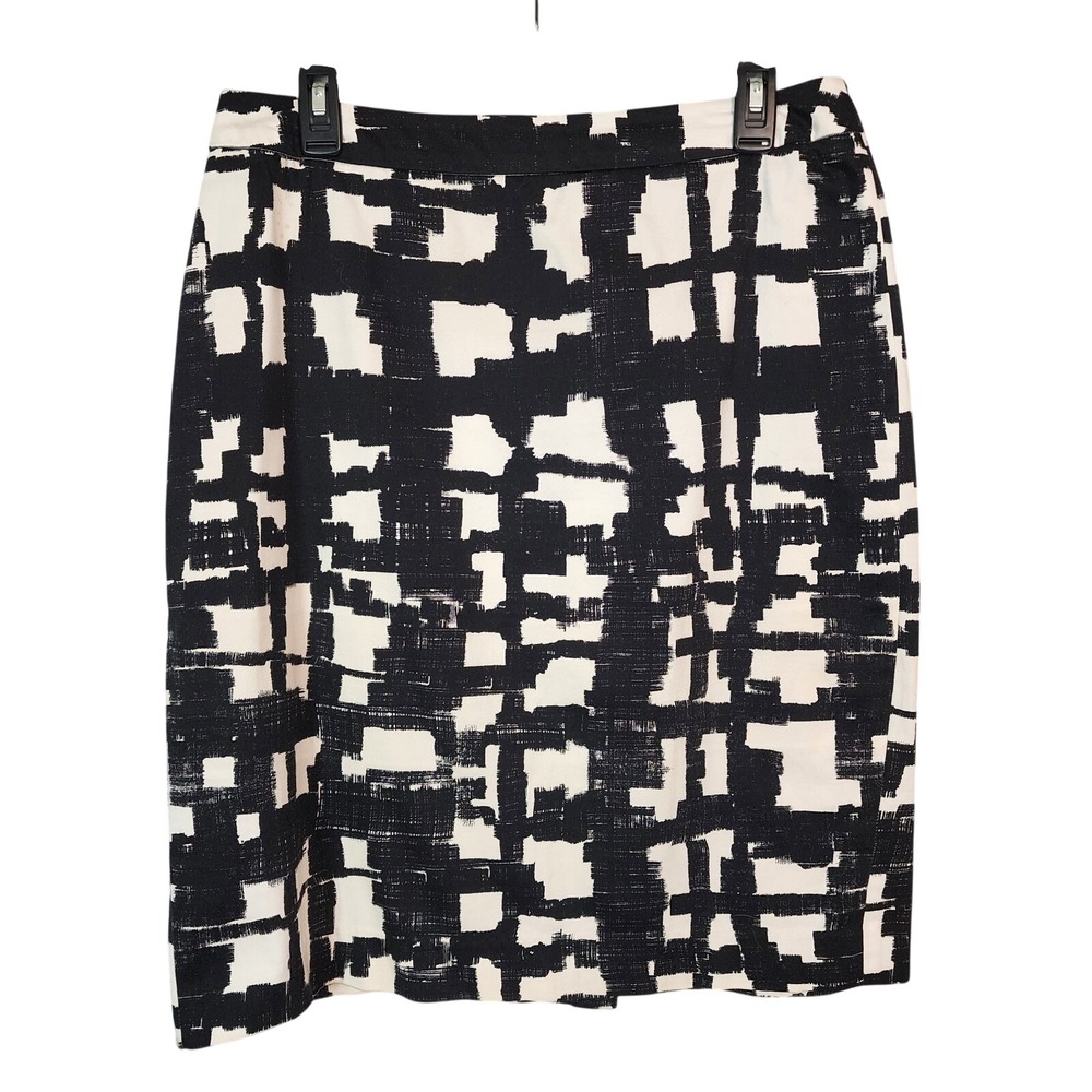 SANDRO Size 8 Black Geometric Plaid Brushstroke Cotton Stretch Pencil Skirt